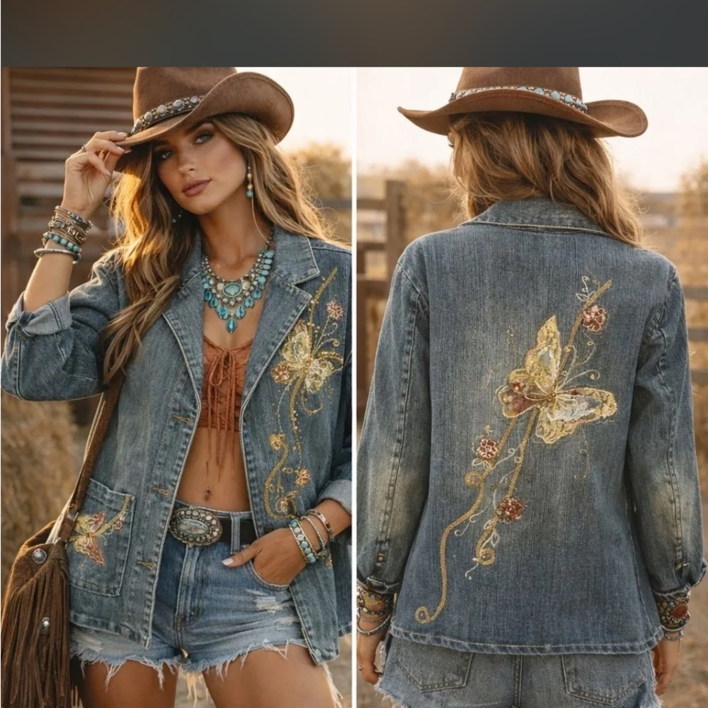 JOU JOU Vintage Butterfly Appliqué Blazer Jean Jacket EUC
